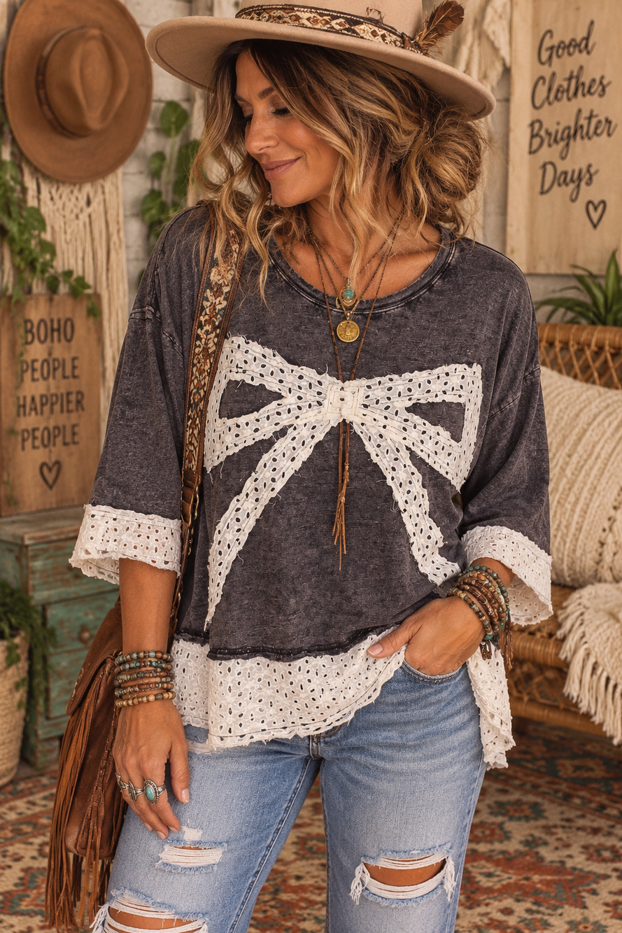 Oil & Hali Boho Eyelet Bow Shirt Womens Small but Oversized NWOT